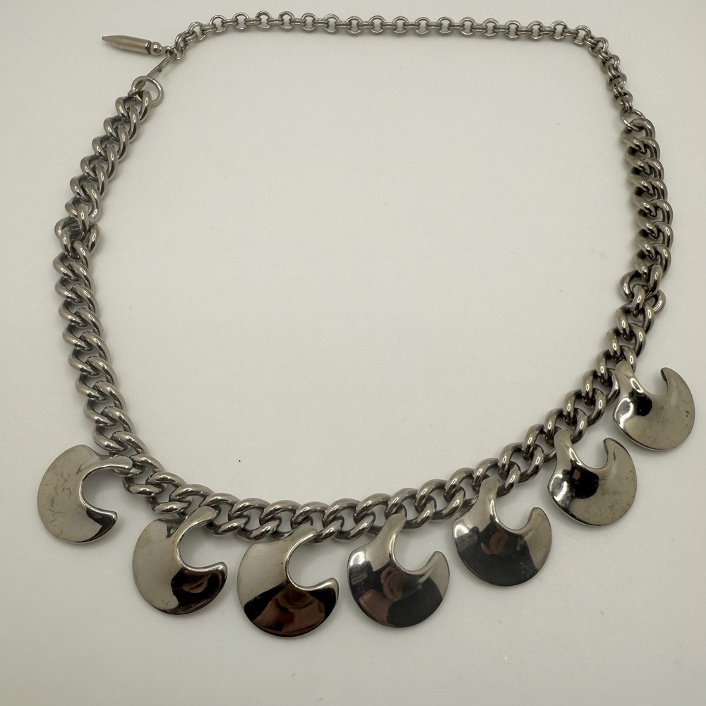 Silver Tone Chain Necklace Choker Collar Chunky Crescent Moon Charms 16"